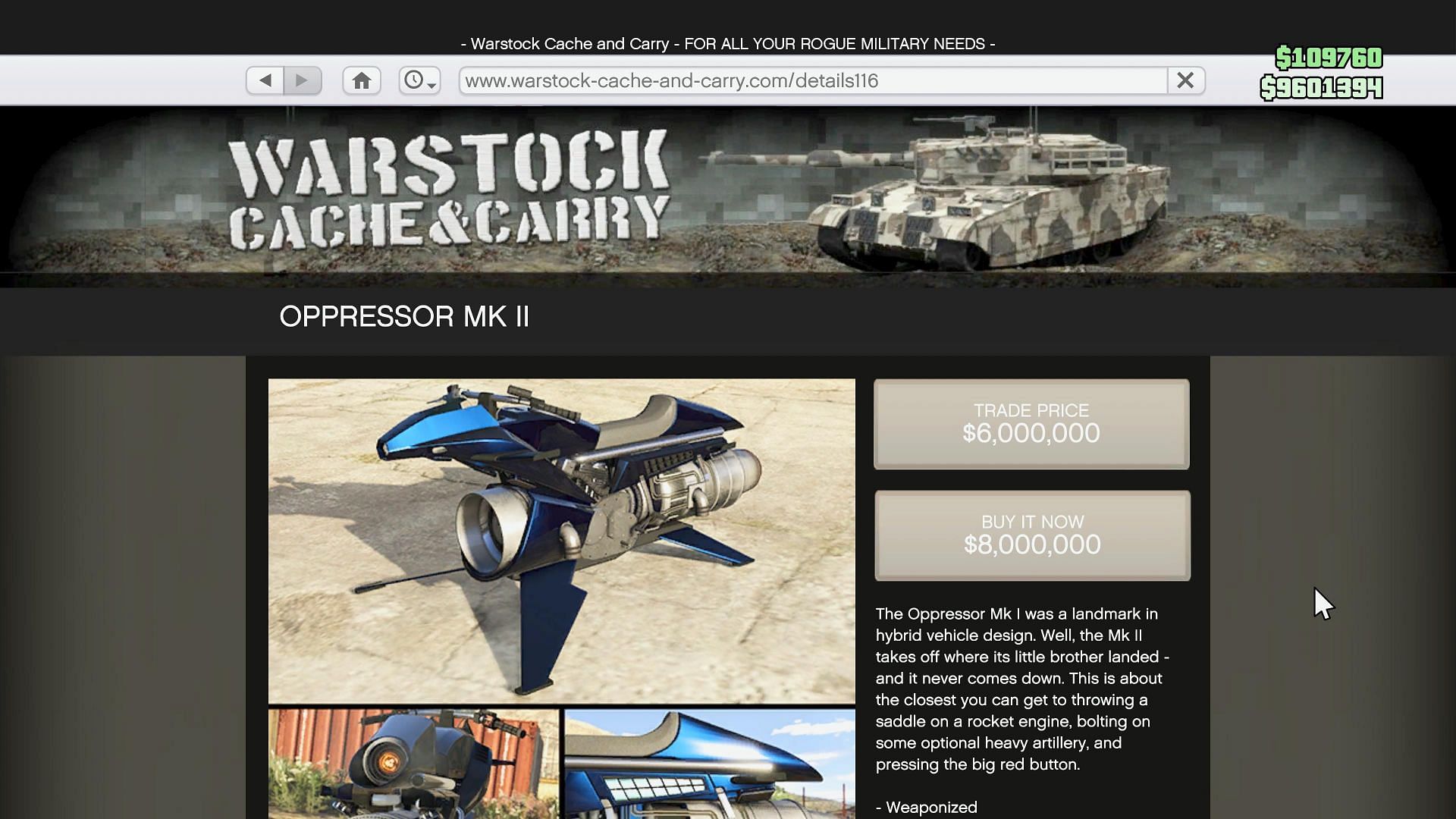 How to get flying motorcycle in GTA 5 Online: Oppressor MK II Warstock page (Image via Rockstar Games)